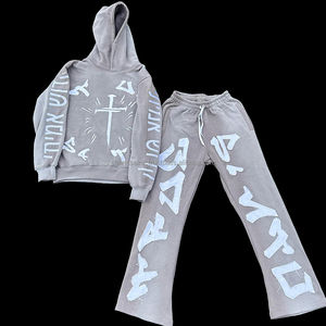 Parche bordado con apliques de letras personalizadas, apilados y pantalones acampanados jersey con capucha, chándal térmico para hombres - Product Image 2