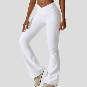 <b>High</b> <b>Waist</b> <b>Flared</b> Leg Yoga <b>Leggings</b> Full Length Solid Light Blue Spandex Nylon Seamless Four-Way Stretch Elastic <b>Waist</b> - Product Image 3