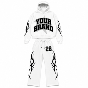 Custom Flame Screen Print <b>White</b> Oversized Hoodie And Sweatpants Set Streetwear 100% Cotton 400GSM Fabric <b>Tracksuit</b> For Wholesale - Product Image 1