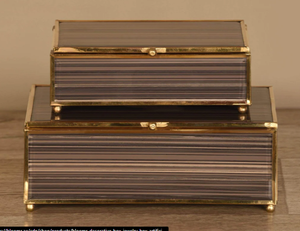 Taupe Striped Glass Jewelry Storage <b>Box</b> with Gold Metal Frame Crystal Clear Lid <b>Soft</b> Felt Interior Decorative Keepsake Organizer - Product Image 1