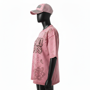 <b>Women</b> Acid Wash T Shirt Quality GSM Cotton Vintage <b>Pink</b> Soft Feel Rhinestone Printed Custom Logo <b>Women</b> Acid Wash T Shirts Cotton - Product Image 3