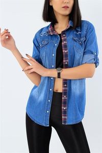 Camisa vaquera de algodón para mujer, blusa de manga larga con botones, cuello vuelto y bolsillos, para uso diario. - Product Image 2
