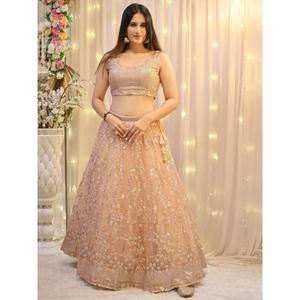 Atractivo Lehenga Choli de lentejuelas color melocotón con red de lentejuelas, semicosturado, para bodas, con Dupatta, de Zeel Clothing - Product Image 3