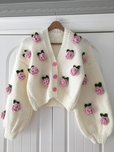 Mùa Đông Retro Tùy Chỉnh Dày Màu Hồng Tăng Phụ Nữ Quà Tặng Hoa Ngắn Dệt Dệt Kim <span class=keywords><strong>Handmade</strong></span> Crochet Phụ Nữ Cardigan Áo Len - Product Image 5