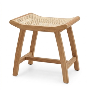 Modern Portable Eco-Friendly Spa <b>Stool</b> Solid Teak Wood Frame Handcrafted Rattan Weaving Curved <b>Seat</b> Well Sanded Bedroom Hotel - Product Image 1