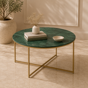 Luxury <b>Round</b> Coffee <b>Table</b> with Green Marble <b>Top</b> and Gold Metal Frame for Living Room Furniture - Product Image 1