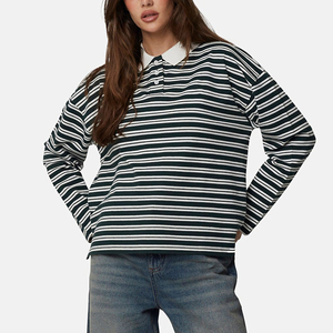 Polo à manches longues rayé pour femme, tricoté, décontracté, motif vert et blanc, longueur normale, manches complètes - Product Image 6