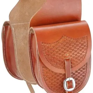 Leather Saddle Bag with Basket Stamp, Med. Tan, 6 1/2" x 9 1/2"