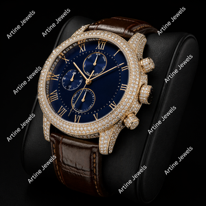 Reloj de Lujo para Hombre con Esfera Azul y Tono Dorado, Correa de Cuero, Bisel con Piedras Brillantes, Estilo Cronógrafo, Reloj de Moda - Product Image 2