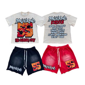 เสื้อยืดครอปพิมพ์ลาย DTG ทรงบ็อกซี่แบบวินเทจ ล้างสีด้วยกรด ผลิตตามสั่ง OEM ชุดเสื้อยืดแขนสั้นและกางเกงขาสั้น ชุดสตรีทแวร์ฮิปฮอปสำหรับผู้ชาย ฤดูร้อน - Product Image 2