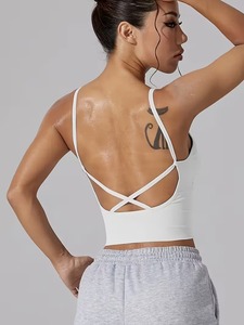 Women's Seamless Ribbed Sports Bra | Low-Back Criss-<b>Cross</b> Workout Tank <b>Top</b> | Spandex/Polyester White Gym Cami Removable Front - Product Image 2