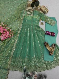 Trending Mint Pista <b>Green</b> Anarkali Salwar Kameez Gold Threadwork Neckline Scalloped Hem Flared Tunic Pants <b>Net</b> Dupatta 3 Piece - Product Image 2