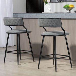 26 Sgabelli da Bar Altezza Bancone con Rivestimento in PU Grigio, Sgabello da Cucina per Isola con Base e Poggiapiedi in Verniciatura a Polvere Nera - Product Image 3