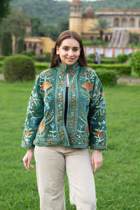 Women's Traditional <b>Green</b> <b>Velvet</b> Suzani Embroidered Jacket Full Sleeves Handmade Ethnic Boho Fashion Statement Outerwear - Product Image 4