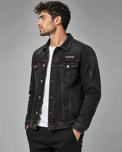 F2WIN Men's Black <b>Denim</b> <b>Jacket</b> Casual Stand Collar Washed Cotton Regular Fit Single Breasted Front Logo Waterproof Windproof - Product Image 1