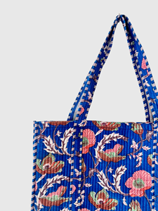 Sac fourre-tout en coton à imprimé floral bohème, ouvert en haut, bleu, sac de shopping pour femmes, toutes saisons - Product Image 2