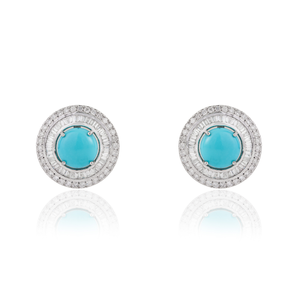 Nouvelle collection tendance de boucles d'oreilles à clous en or blanc 14 carats, avec turquoise taille cabochon et diamants ronds en double grappe, fabriquées à la main - Product Image 1