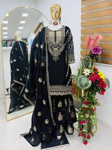 New Designer Party <b>Top</b> Palazzo Dupatta Set with satin work embossed designs - Product Image 3