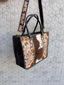 Stylish Sling Purse for Women Unique Design Hot Sale Hand Tooled Cowhide Fur <b>Genuine</b> Leather Tote Bag Multi Use - Product Image 2