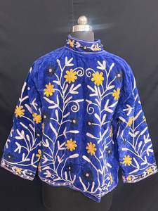 Royal Blue Velvet Suzani <b>Jacket</b> Hand <b>Embroidered</b> Floral Winter Coat Boho Kashmiri Crewel Work Short Cardigan <b>Jacket</b> <b>Women</b> - Product Image 2