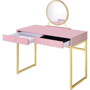 Toeletta Rosa e Oro a 2 Cassetti con Specchio e Vassoio Portagioie per Organizzazione e Conservazione del Trucco - Product Image 4