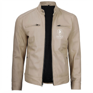 Blouson Moto en Cuir PU Beige pour Homme, Col Montant, Coupe Slim, Hiver, Respirant sur le Devant - Product Image 1