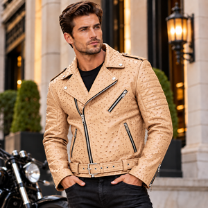 <b>Men</b>’s <b>Genuine</b> Ostrich <b>Leather</b> Biker <b>Jacket</b> Embossed Motorcycle <b>Jacket</b> /Asymmetrical Zip Belted Moto <b>Jacket</b> for <b>Men</b> - Product Image 6