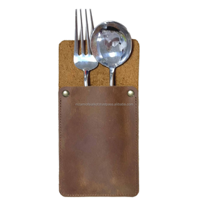 Porte-couverts en cuir véritable fait main rustique, pliable, léger et durable pour restaurant, organiseur de couverts pour la salle à manger - Product Image 2