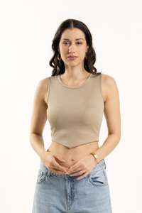 Top corto acanalado Beige estirable de gran venta, calidad superior personalizable para pedidos a granel, ropa informal de verano - Product Image 5