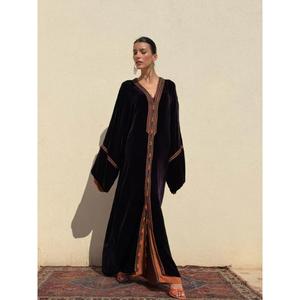 Silk Velvet <b>Kaftan</b> In Purple Tone Terracotta Under <b>Kaftan</b> V-neckline Graphic Traditional Buttons Aakaids With Wide Sleeves - Product Image 3