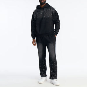 Survêtement à capuche noir pour homme avec strass, taille élastique et poches latérales, style décontracté, pantalon de survêtement long pour l'automne - Product Image 1