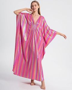 Robe Abaya Maxi Scintillante Col V Manches Chauve-Souris Coupe Ample Motif Floral Vêtement de Plage Femme Polyester Style Modeste Perlée - Product Image 3