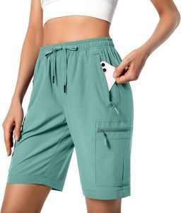 Shorts cargo pour femmes, taille haute, cordon de serrage, élastique, séchage rapide, décontractés, tricotés, en spandex et polyester, avec poches - Product Image 6