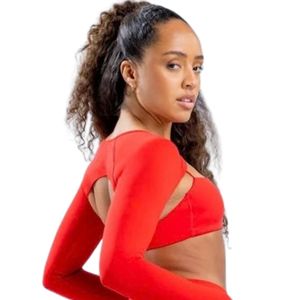 Ensemble de vêtements de sport pour femmes, soutien-gorge de sport rouge à manches longues, dos ouvert, leggings assortis, haute élasticité, entraînement, gym, yoga, fitness, vêtements de sport - Product Image 5