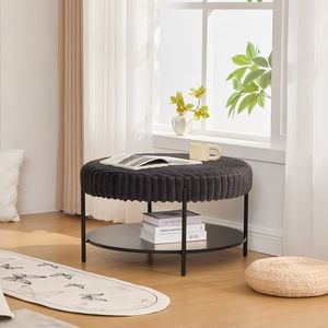 Tavolino da Caffè Rotondo Imbottito da 78,5 cm con Gambe in Metallo Nero, Ripiano Aperto Effetto Legno e Poggiapiedi - Product Image 2