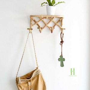 Eco-Friendly Wicker Rattan Wall Shelf with Hooks, Handcrafted Hanging Rack for Keys, Hats, Bags, <b>Kitchen</b> and Bathroom Storage - Product Image 1