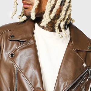 Chaqueta de Motociclista de Cuero Genuino Marrón para Hombre, Cuello Camisero, Cierre de Cremallera, Corte Regular, Color Sólido, para Otoño - Product Image 5
