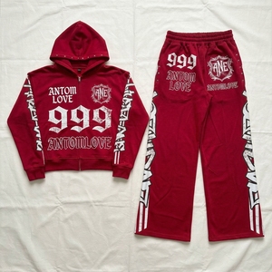 Custom Own Design Number Print <b>Tracksuit</b> | Studded Hood Full Zip Hoodie & Sweatpants Set | Streetwear <b>Y2K</b> Wholesale - Product Image 4