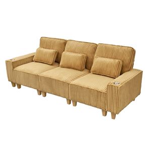 Divano Moderno Comfort a 3 Posti in Corduroy Giallo con Seduta Profonda, Portabicchieri in Acciaio Inox Spazzolato, 3 Cuscini Decorativi, Design Componibile - Product Image 1