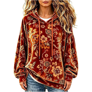 Sweat à capuche en velours imprimé floral baroque personnalisé OEM pour femme, esthétique premium, orange rouille, velours, épaules tombantes - Product Image 1