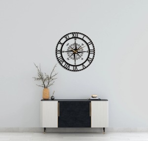 Roman Number And Compass Design Black Metal <b>Wall</b> <b>Clock</b> For Living Room And Office Adds Vintage And Nautical <b>Decor</b> Appeal - Product Image 6