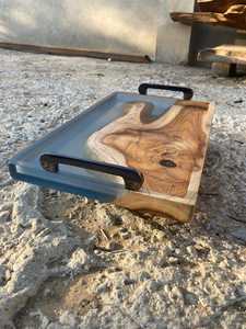 Modern Luxe <b>Epoxy</b> Resin & Live Edge Acacia Wood Decorative Storage Tray with Gold Metal Handles for Contemporary Home Styling - Product Image 2