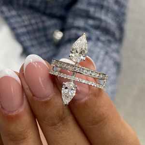 Anillo de Dos Filas con Diamantes de Moissanita en Corte Pera, Diseño Creativo, Plata 925 Original, Personalizable, Regalo de Cumpleaños para Mujer - Product Image 2