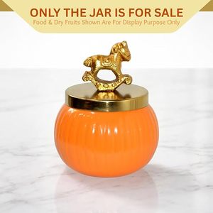 Pot de conservation alimentaire orange avec couvercle en forme de cheval doré, récipient de cuisine vintage, hermétique, préservation de la fraîcheur, design rond - Product Image 3