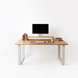 Bureau de direction moderne en bois massif avec étagère surélevée pour écran, cadre en métal blanc, table ergonomique pour ordinateur et écriture - Product Image 1