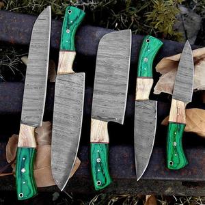 Ensemble de couteaux de cuisine de qualité supérieure à motif Damas avec manche en bois vert, collection de couteaux de chef personnalisés par Pasha Enterprises Utility - Product Image 1