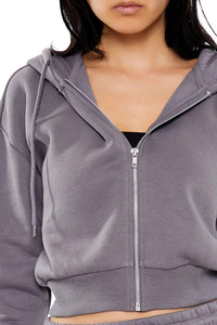 Women's Gray <b>Cropped</b> <b>Hoodie</b> <b>Zip</b>-<b>Up</b> Sweatshirt Full Sleeve Solid Color Knitted Cotton Autumn Wear - Product Image 6