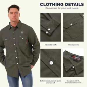 Camisa de Trabajo de Algodón FR Zunezi Zi-7080 Verde Oliva, Resistente al Fuego, Protección Contra el Calor, Ropa de Seguridad para Soldadura - Product Image 3