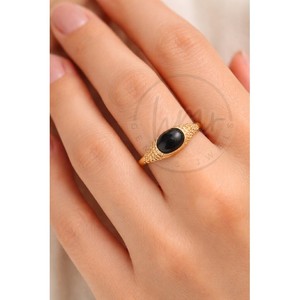 Minimalist Black Onyx Gold <b>Ring</b> for Women Handmade Textured Band with Beaded Side Design Elegant Slim <b>Statement</b> <b>Ring</b> - Product Image 2