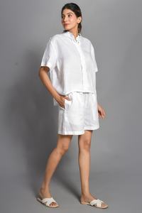 Women's White <b>Linen</b> 2 Piece Shorts <b>Set</b> Short Sleeve Loose Fit Casual Spring Summer Solid Color Turn-down Collar Button Front - Product Image 4